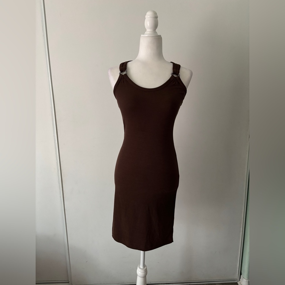Guess Brown Ribbed Tank Dress with Buckle Straps